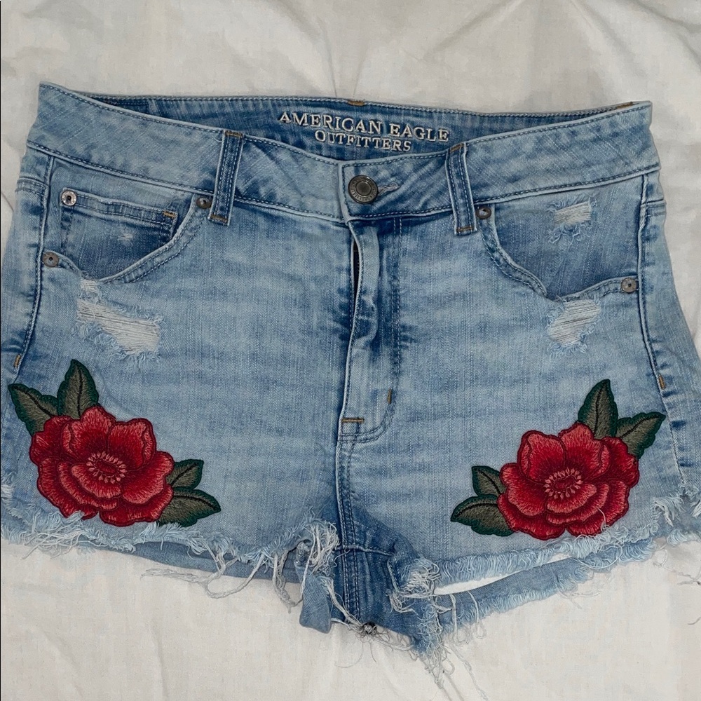 American Eagle Outfitters Blue Jean Shorts with Red Floral Embroidery